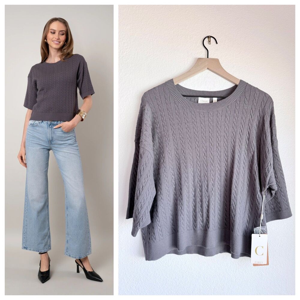 Cyrus Cable Knit Sweater Tee Top Gray 3/4 Sleeve Womens Size XL New With Tags